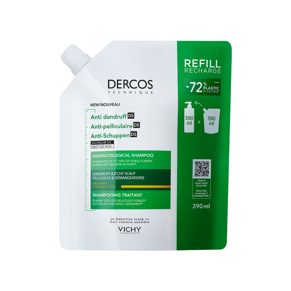 Vichy Dercos Anti-Dandruff Dermatological Shampoo for Dry Hair 390ml Refill Pouch