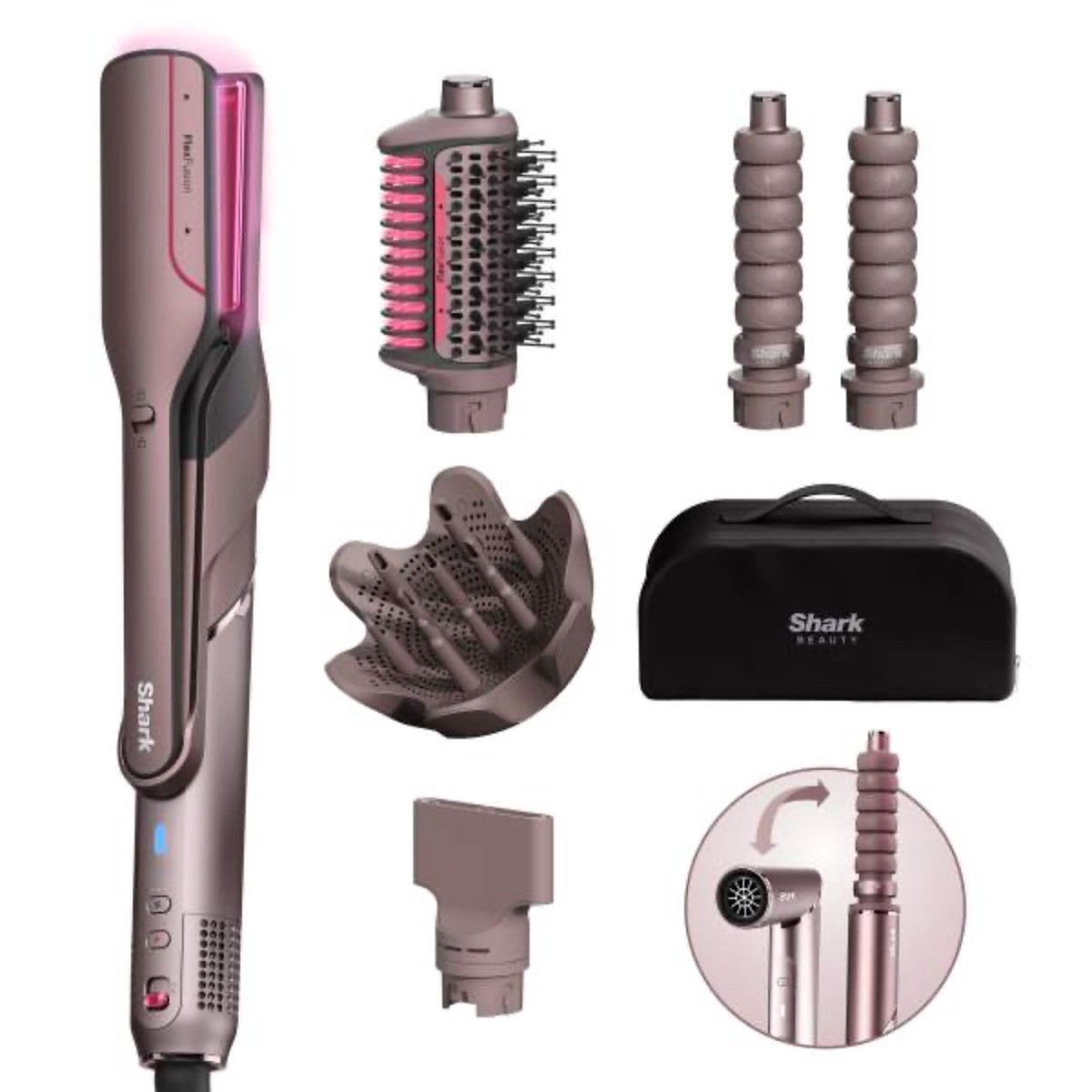 Shark FlexFusion Straight 5-in-1 Air Ceramic Styling Drying Straightening System with Storage Case Cosmic Blush