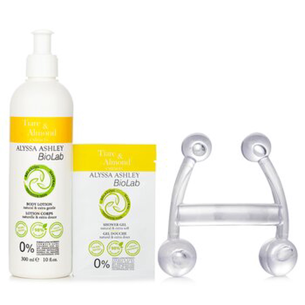 Alyssa Ashley Biolab Tiare Almond Body Lotion Shower Gel Massager 3pcs