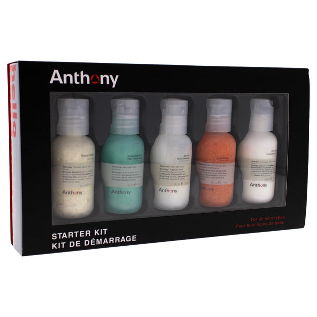 Anthony Starter Kit by Anthony for Unisex - 5 Pc 1oz Glycolic Facial Cleanser 1oz Facial Scrub 1oz All Purpose Facial Moisturizer 1oz Shave Cream 1oz Invigorating Rush Hair and Body Wash