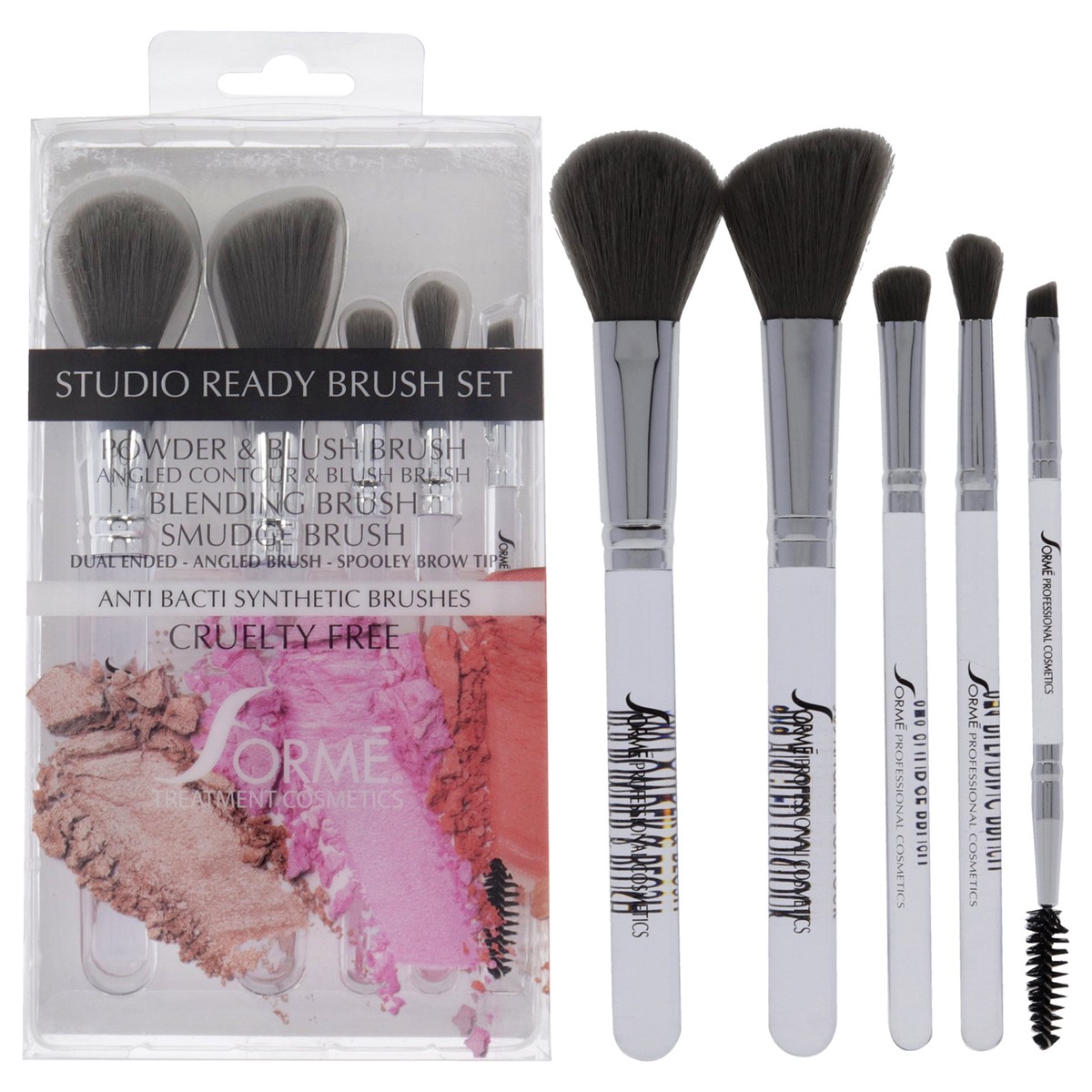 Sorme Cosmetics Professional Brush Set - Studio Ready by Sorme Cosmetics for Women - 5 Pc Powder and Blush Brush Angled Contour and Blush Brush Smudge Brush Blending Brush Dual Ended Angled Brush