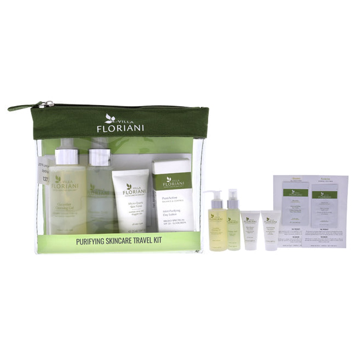 Villa Floriani Purifying Skincare Travel Kit by Villa Floriani for Women - 6 Pc 34oz Cucumber Cleansing Gel 169oz Cucumber Toner 005oz Advanced Lifting Eye Cream 068oz Mint Purifying Day Lotion