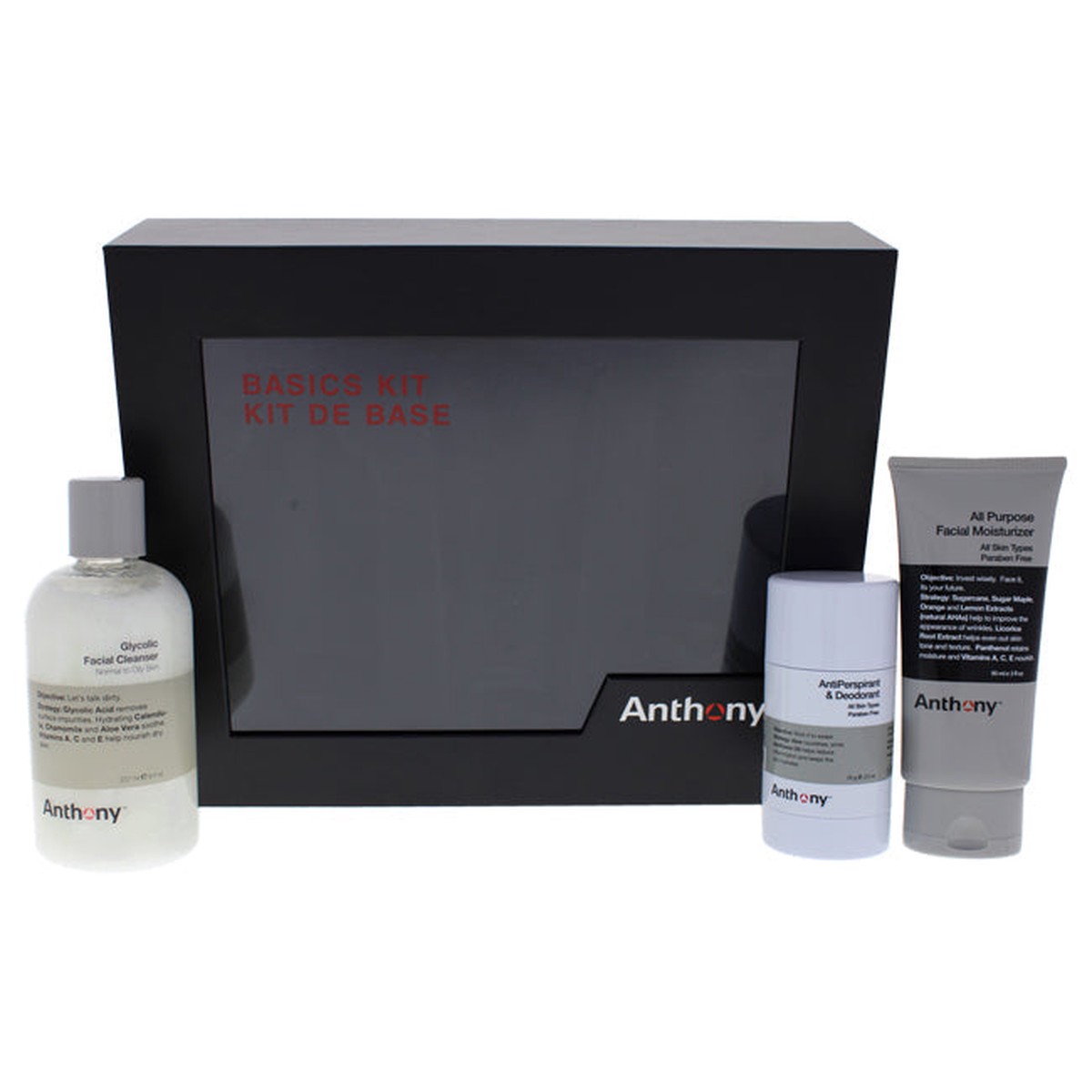 Anthony Basics Kit by Anthony for Unisex - 3 Pc 8oz Glycolic Facial Cleanser 3oz All Purpose Facial Moisturizer 25oz Antiperspirant and Deodorant Stick
