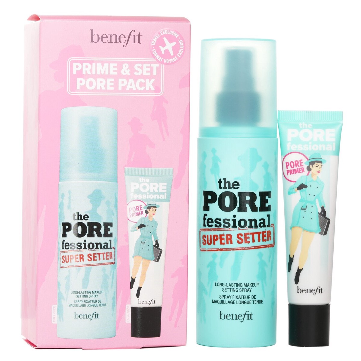 Benefit Prime Set Pore Pack The Porefessional Smoothing Face Primer Super Setter Long Lasting Makeup Setting Spray 2pcs